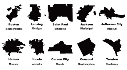 Layered editable vector illustration of map outlines of ten US state capital cities