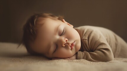 Cute europe's baby boy lying on floor sleeping with closed eyes in light brown color background generative ai