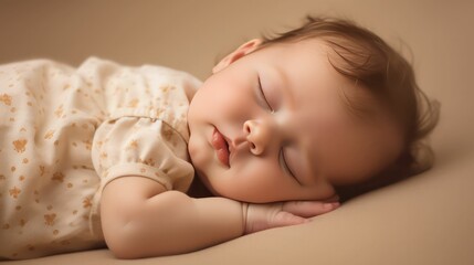 Cute europe's baby girl lying on floor sleeping with closed eyes in light brown color background generative ai