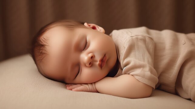 Cute europe's baby boy lying on floor sleeping with closed eyes in light brown color background generative ai