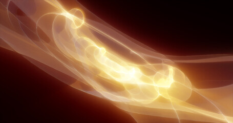 Abstract waves of yellow energy magic smoke and glowing lines on a black background