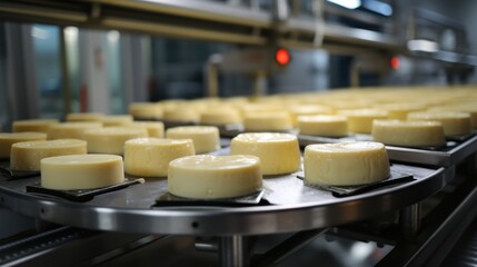 Obraz na płótnie Canvas Industrial production of hard round cheeses. Cheese is very tasty and healthy product.