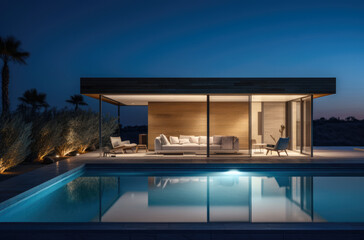Fototapeta premium Evening photo of a modern villa with infinity pool