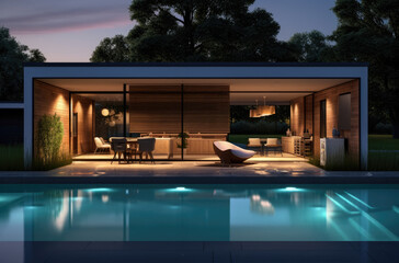 Fototapeta premium Evening photo of a modern villa with infinity pool