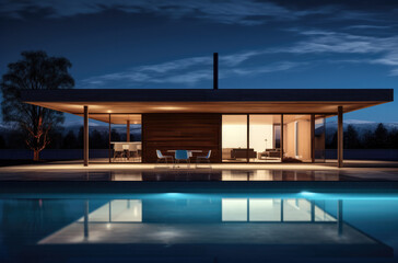 Fototapeta premium Evening photo of a modern villa with infinity pool