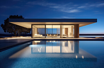 Fototapeta premium Evening photo of a modern villa with infinity pool
