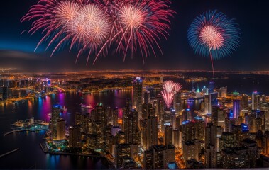 Dynamic New Year's Eve: Vibrant City Celebration, Fireworks Illuminate Night Sky, Cheers and Festive Atmosphere. Photography with DSLR, Wide-Angle Lens. Capturing Joy and Anticipation for Adobe Stock.
