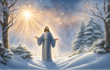 Winter Serenity: Jesus in Snow-Covered Garden, Outstretched Hands Amid Falling Snowflakes and Ethereal Light. Illustration of Spiritual Connection and Divine Peace. Digital Painting for Adobe Stock.