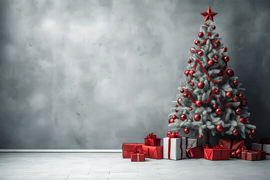 Christmas tree with presents and decorations on concrete wall background. 3D Render