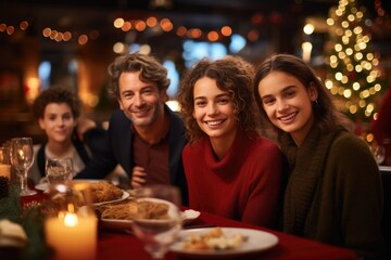 Obraz na płótnie Canvas Portrait of happy family sitting at christmas dinner table in restaurant, A photo of attractive female on Christmas diner with family, AI Generated