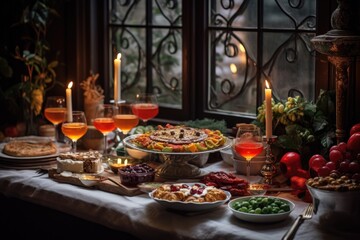 Table served for Thanksgiving dinner in rustic style with candied fruits, nuts and crackers, A...