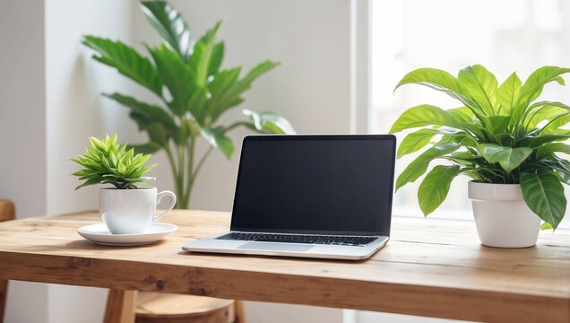 A wooden table with potted plants and a laptop with a coffee mug.