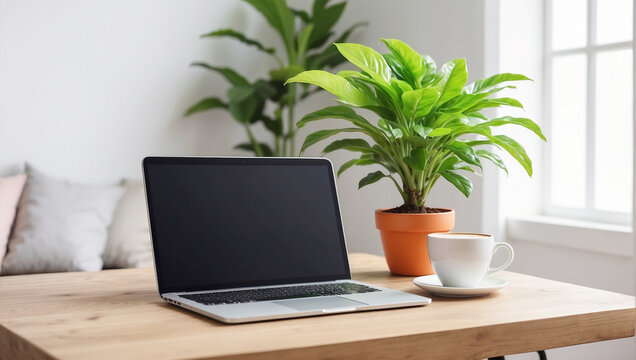 A wooden table with potted plants and a laptop with a coffee mug.