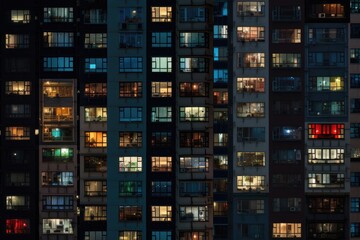 Windows of a residential building at night in Hong Kong, China, A photo of a night city, an apartment building, lots of windows glowing in the night, AI Generated - obrazy, fototapety, plakaty