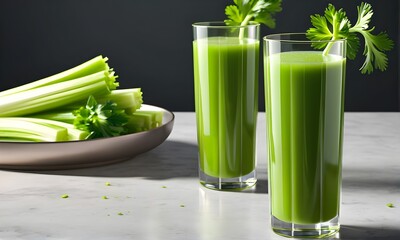 Two glasses of healthy and refreshing homemade juice made from celery. Health and wellness concept.