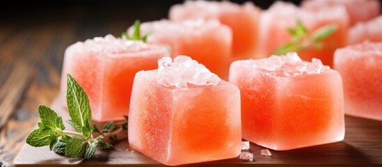 Homemade popsicles with ice cubes, made from red grapefruit.