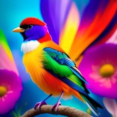 Photorealistic Beautiful Colorful Bird with Flowers Portrait Illustration