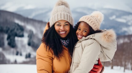 Fototapeta na wymiar Happy, smiling, afro american family mother with daughter snowy mountains at ski resort, during vacation and winter holidays.