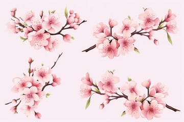 cherry blossom sakura flowers set. Cherry blossom vector illustration, A set of cherry blossom branches with flowers and buds, AI Generated