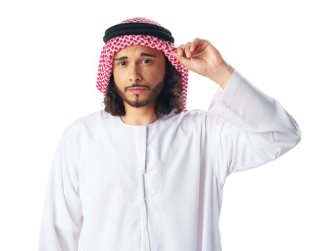 Portrait of a young Arab man wearing middle-eastern traditional dress thobe isolated on white