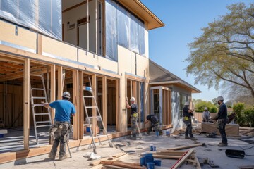 Fototapeta premium Construction workers installing a new house on a construction site in California, A team of workers installing windows and doors in a new house, AI Generated