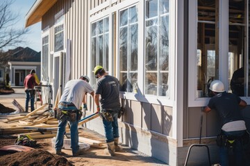 Construction workers are building a house on a new residential development project, A team of workers installing windows and doors in a new house, AI Generated - obrazy, fototapety, plakaty