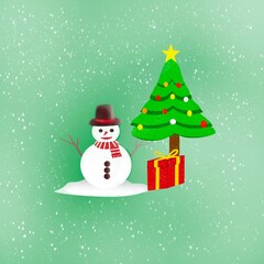 snowman with christmas tree, illustration