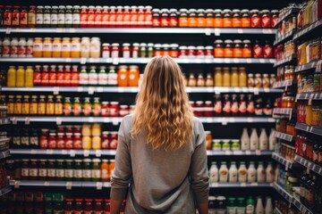 back view of young woman looking at jars with canned food in supermarket, A woman comparing...