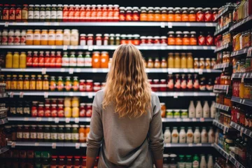 Deurstickers back view of young woman looking at jars with canned food in supermarket, A woman comparing products in a grocery store, AI Generated © Iftikhar alam