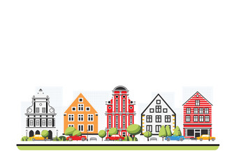 City district with old buildings in flat style with trees and cars. City scene isolated on white background. Urban architecture. Old street european architecture.