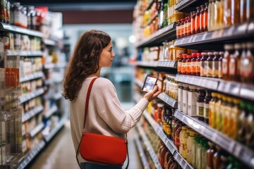 Young woman using mobile phone while shopping in supermarket. She is standing in front of shelves with bottles and looking for products, A woman comparing products in a grocery store, AI Generated