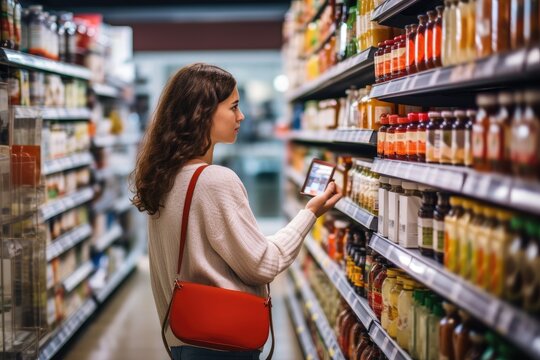 Young Woman Using Mobile Phone While Shopping In Supermarket. She Is Standing In Front Of Shelves With Bottles And Looking For Products, A Woman Comparing Products In A Grocery Store, AI Generated