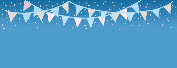 Festive blue background with hanging garlands of colorful flags and confetti.
