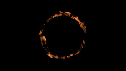 黒背景にオレンジ色の炎の円。コピースペース。3D（横長）
