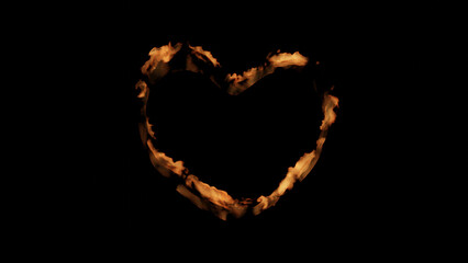 黒背景にオレンジ色のハート型の炎。コピースペース。3D（横長）