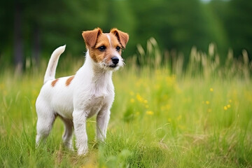 Terrier standing in the field with green background