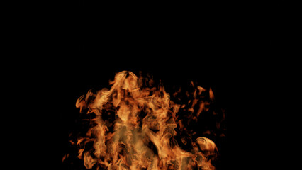 黒背景にオレンジ色の炎、火。コピースペース。3D（横長）