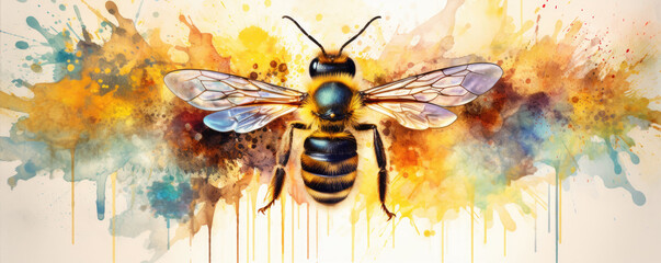 Water color design with flying bee. bee on color art background. - obrazy, fototapety, plakaty