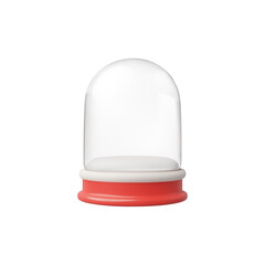 Empty 3d snow globe with a vertical orientation, it has a clear, cylindrical dome and a bold red base.