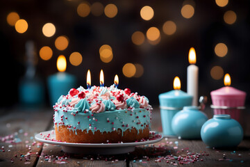 birthday party balloons, colourful balloons background and birthday cake with candles	