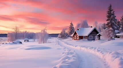 Obraz premium A small cozy, homely house in a village in the distance surrounded by a snow-covered landscape of beautiful nature in the middle of winter in pink sunshine.
