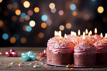 birthday party balloons, colourful balloons background and birthday cake with candles	