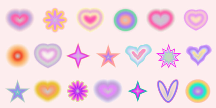 Gradient Y2K blur element set. Abstract aesthetic y2k shape blur heart, star and circle. Gradient vector illustration