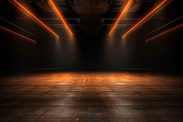 Empty dark hall with metal structures and orange spotlights. Layout