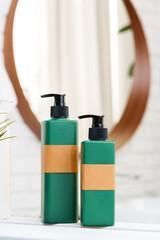 Soap dispenser container n the bathroom close up