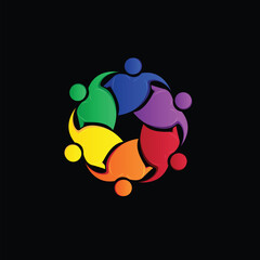 Logo teamwork charity six people diversity colorful heart shaped hug icon image circle unity voluntary conceptual ID card business concept logo vector image design on a black background