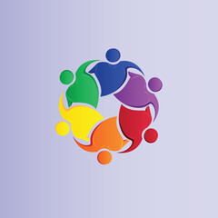 Logo teamwork charity six people diversity colorful heart shaped hug icon image circle unity voluntary conceptual ID card business concept logo vector image design background