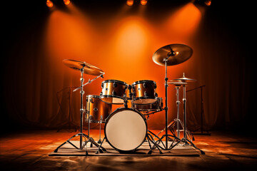 Fototapeta na wymiar drum kit on a dark music stage in orange light
