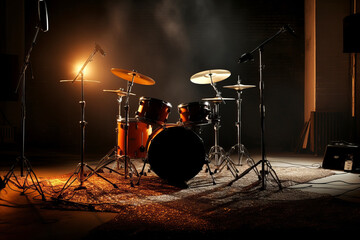drum kit on a dark music stage in warm cozy lighting - obrazy, fototapety, plakaty
