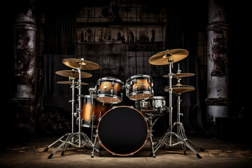 Fototapeta na wymiar drum kit on dark music stage close up